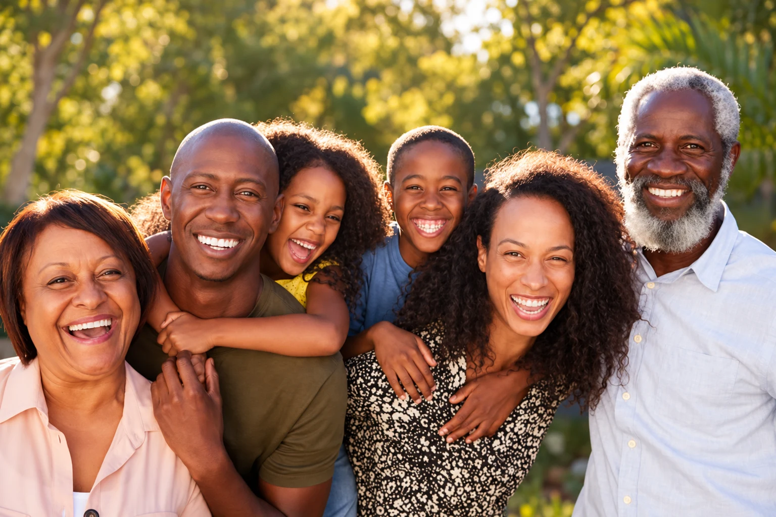 A smiling multigenerational family together outdoors